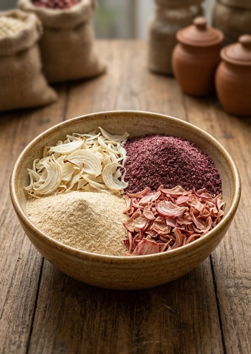 Dehydrated onion flakes powder and garlic products from India